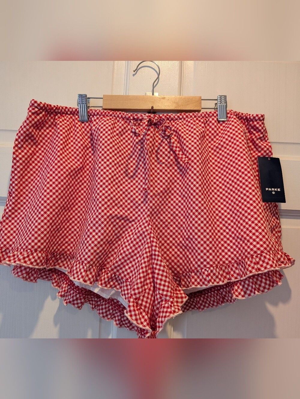 Parke Target New Red Gingham Ruffle-Hem Shorts Lined Cotton Cottagecore L Tomat
